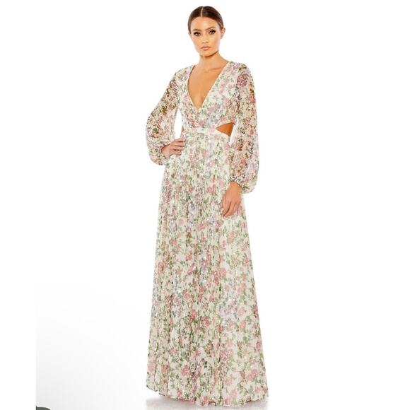 Mac Duggal NEW Sz 16 93746 Floral Chiffon Cutout Waist Lace-Up Corset Back Gown - Picture 1 of 13